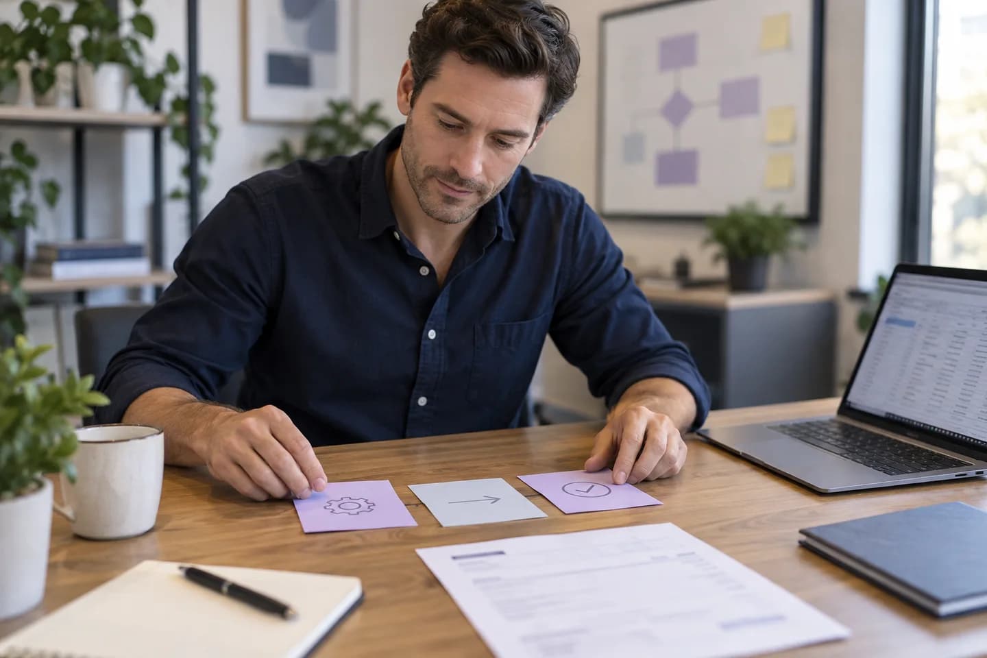 Illustrative scene of an operations manager mapping a repeated business process