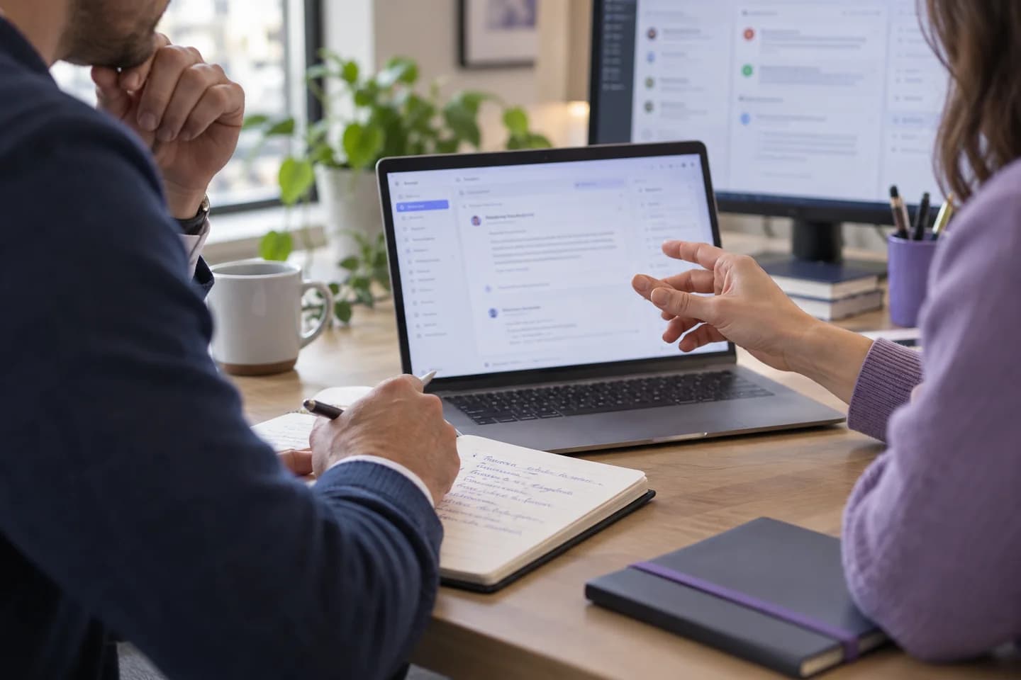 Illustrative scene of two colleagues reviewing an inbound sales enquiry and requirements notes together
