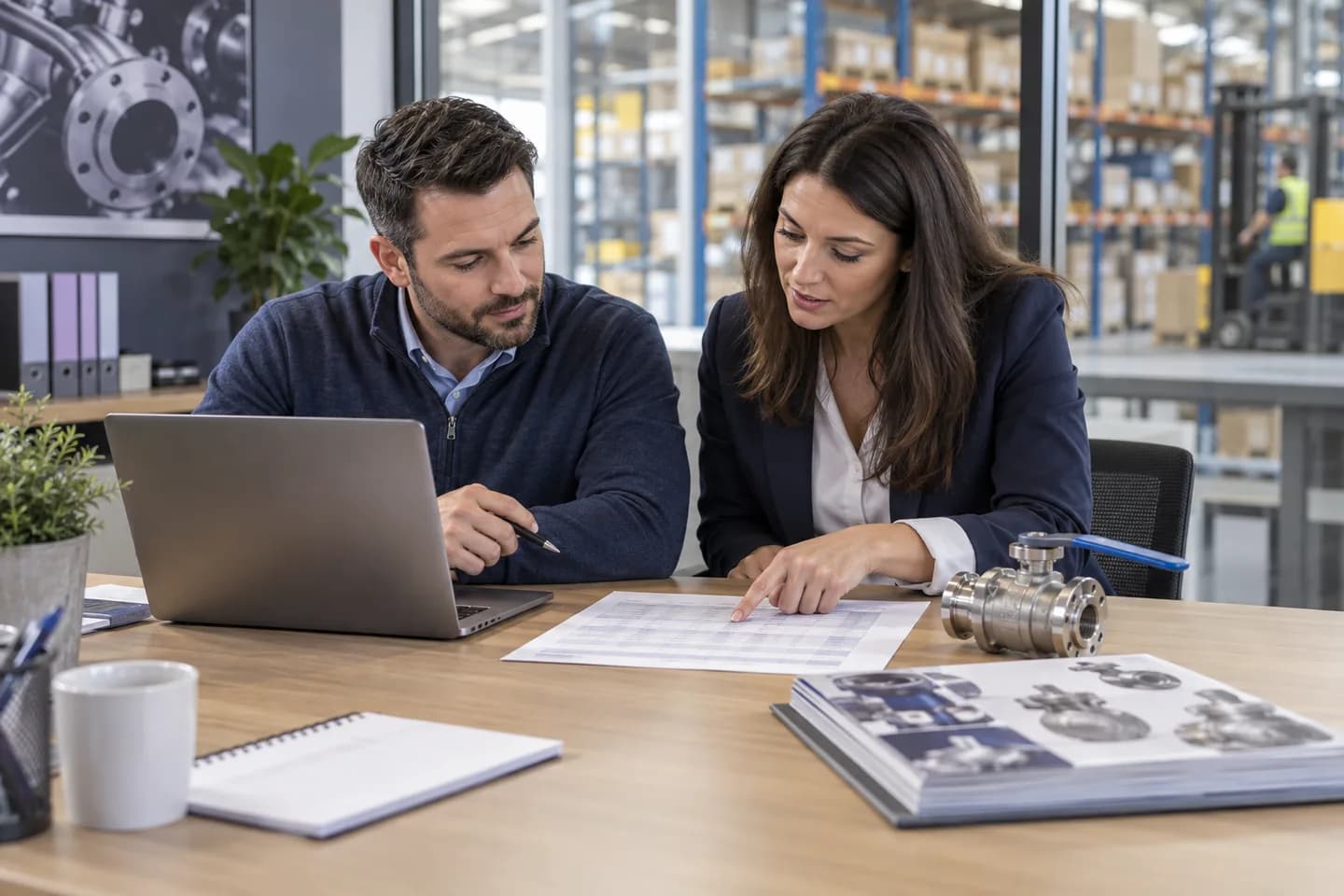 Illustrative scene of industrial distributor colleagues checking a quotation worksheet against a customer request
