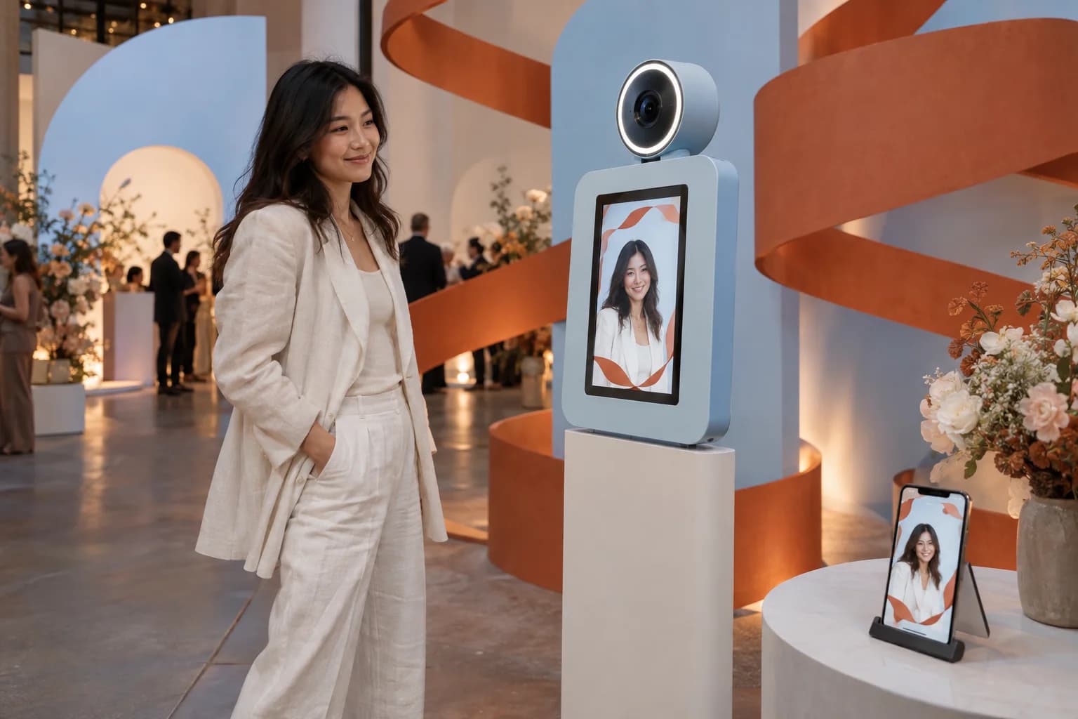 Illustrative brand activation with a camera kiosk and a campaign-framed guest photo.