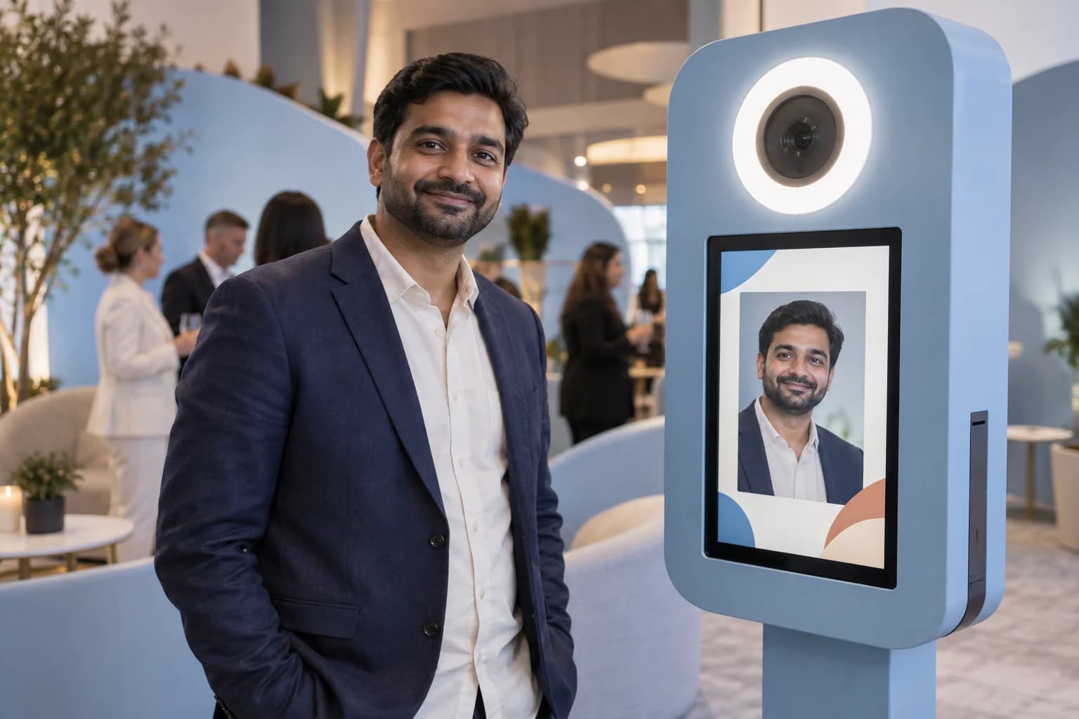 Illustrative conference photo point showing a guest and his portrait in an event frame on a selfie kiosk.