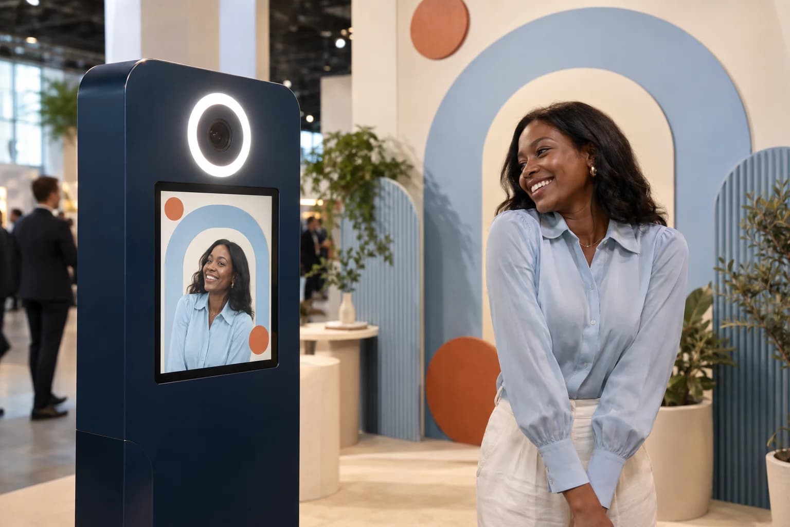 Illustrative exhibition selfie kiosk with a guest’s photo framed to match the stand artwork.