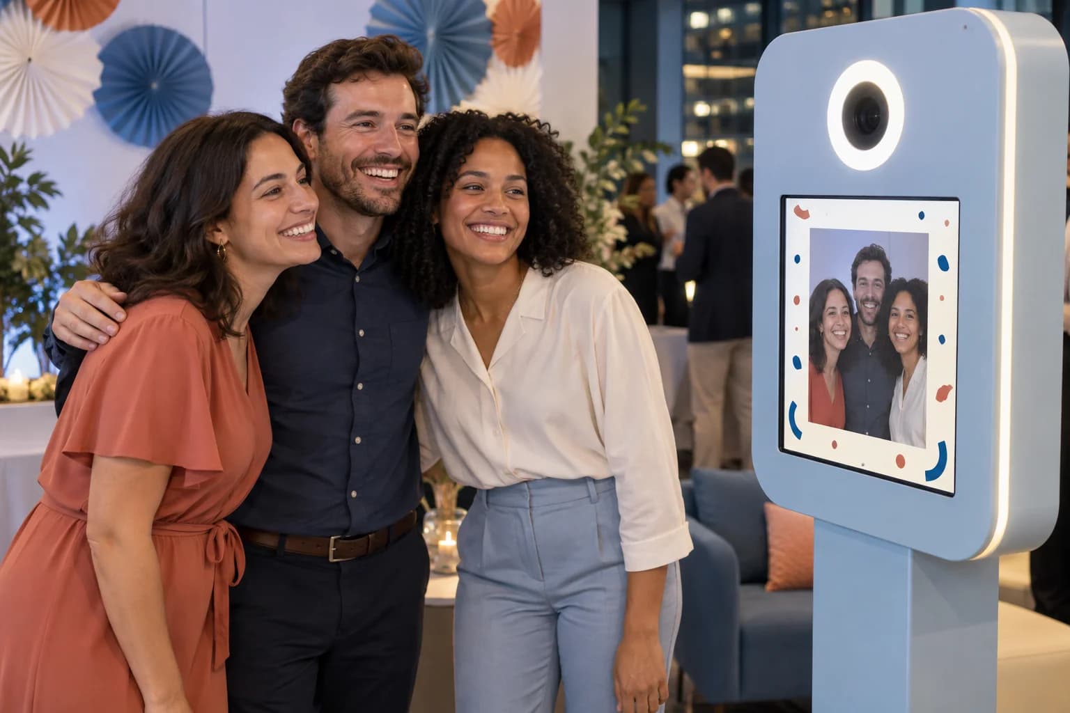 Illustrative small-group photo experience with colleagues and a framed celebration portrait on a kiosk.
