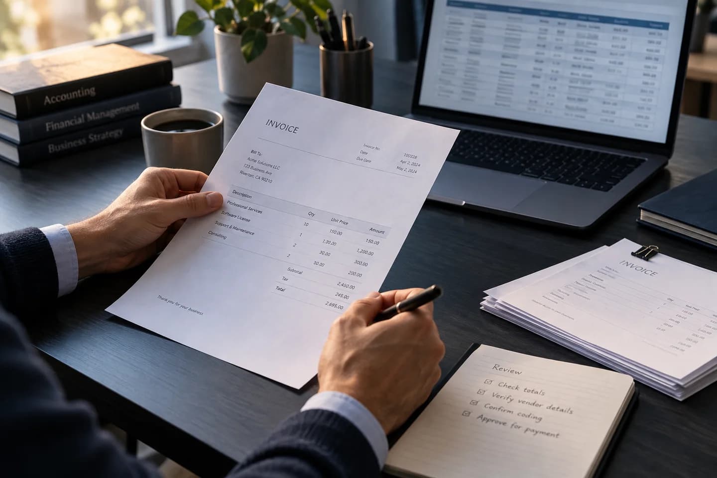 Illustration of an accountant reviewing invoice details beside a laptop