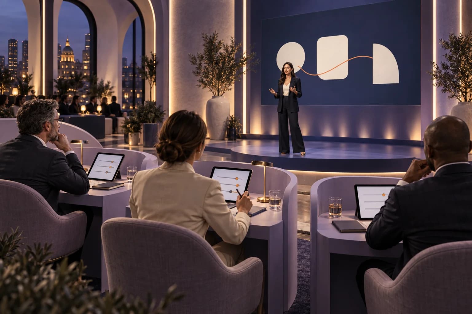 Concept illustration of a founder presenting to an independent judging panel with private tablet workspaces.