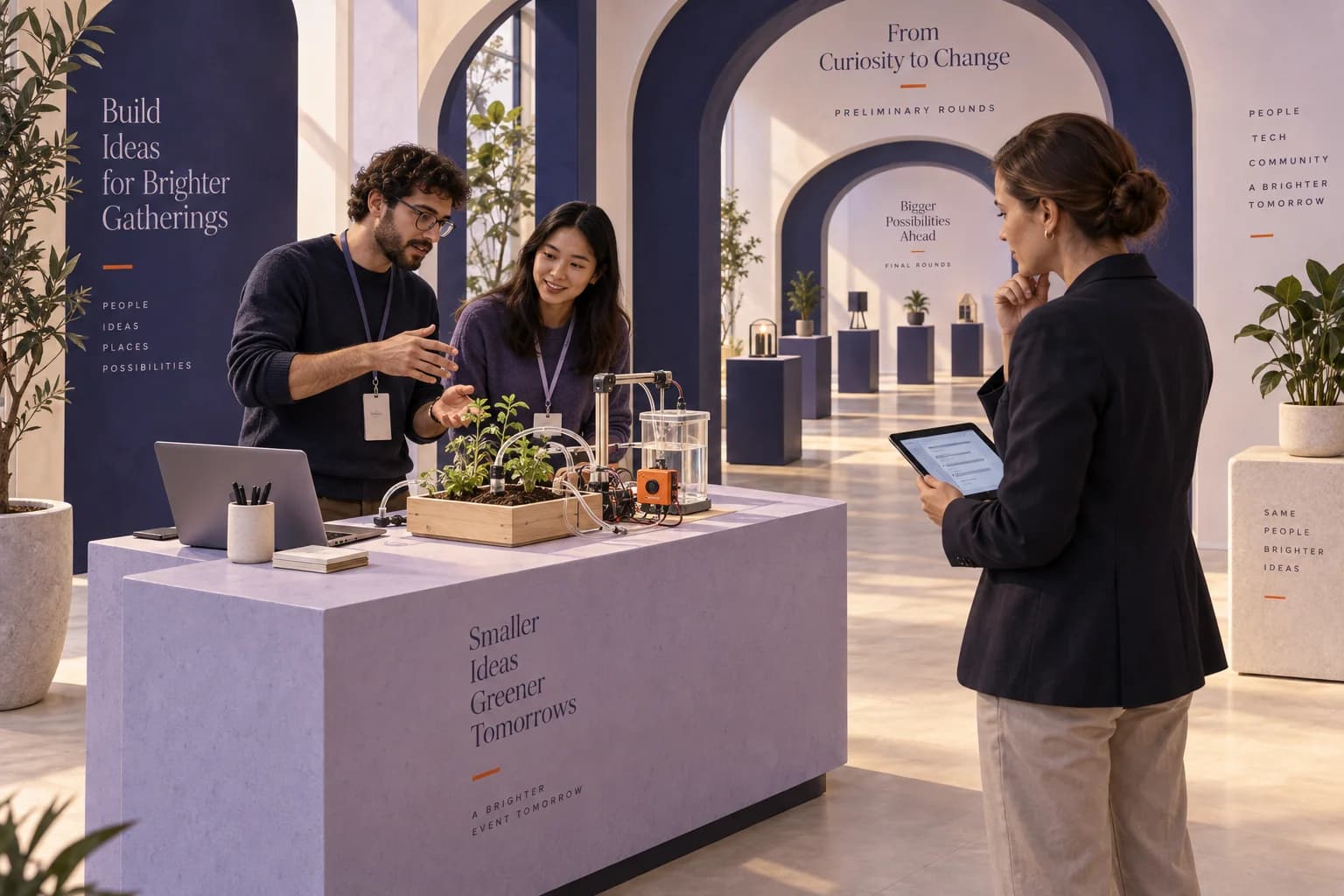 Concept illustration of developers demonstrating a working garden technology prototype to a judge with a tablet.