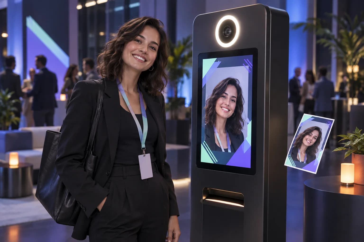 Concept illustration of a guest capturing a natural portrait at a branded selfie kiosk.