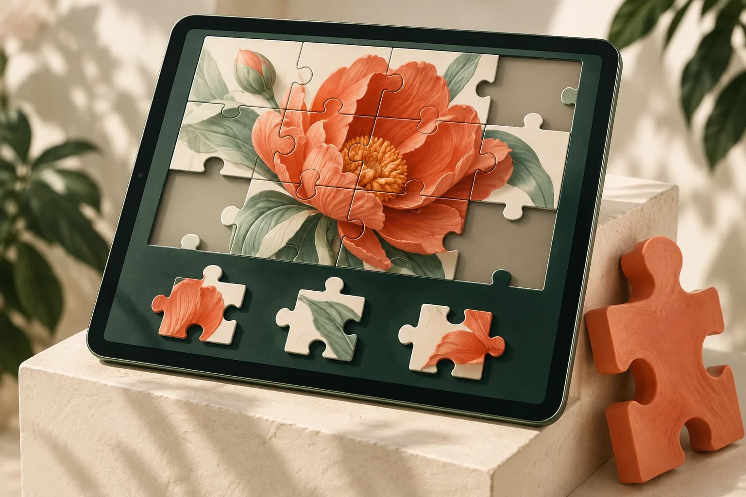Concept illustration of campaign flower artwork assembled as an interlocking jigsaw on a touchscreen.
