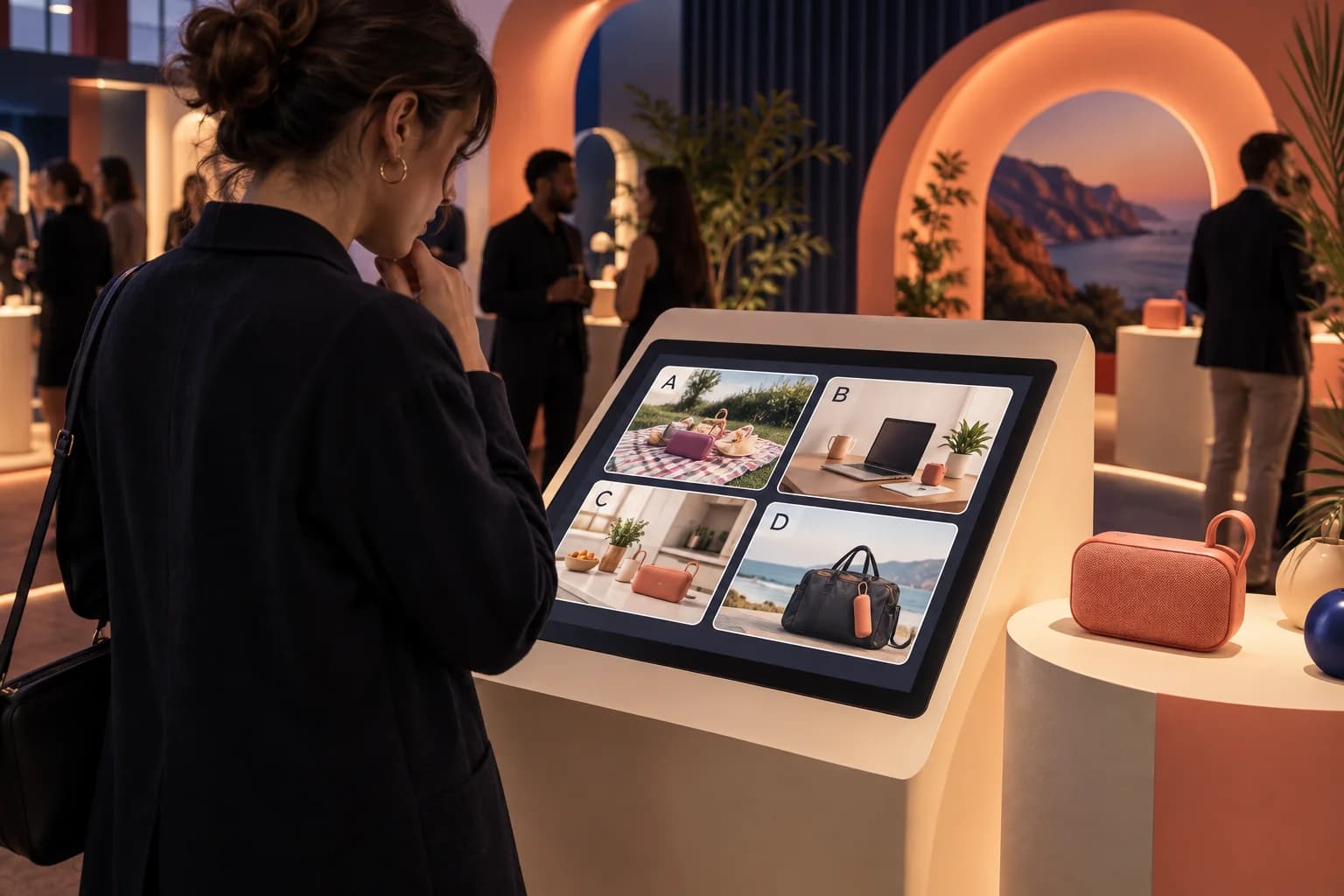 Concept illustration of a product launch quiz with image-based answer choices on a participant touchscreen.