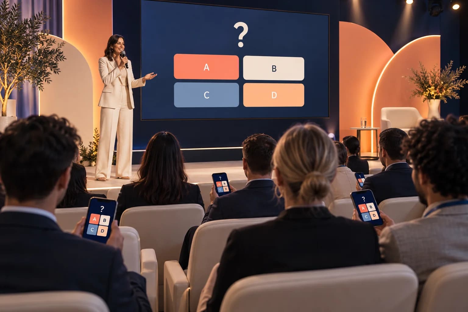 Concept illustration of a conference host running a shared quiz round while attendees respond on their phones.