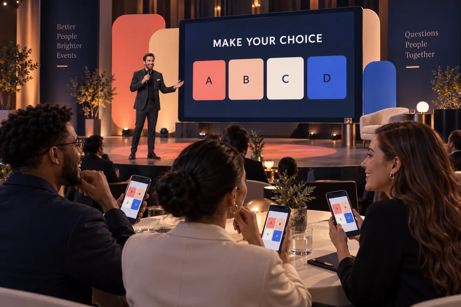 Concept illustration of adults joining a shared quiz on their phones, with a host and a separate venue question display.