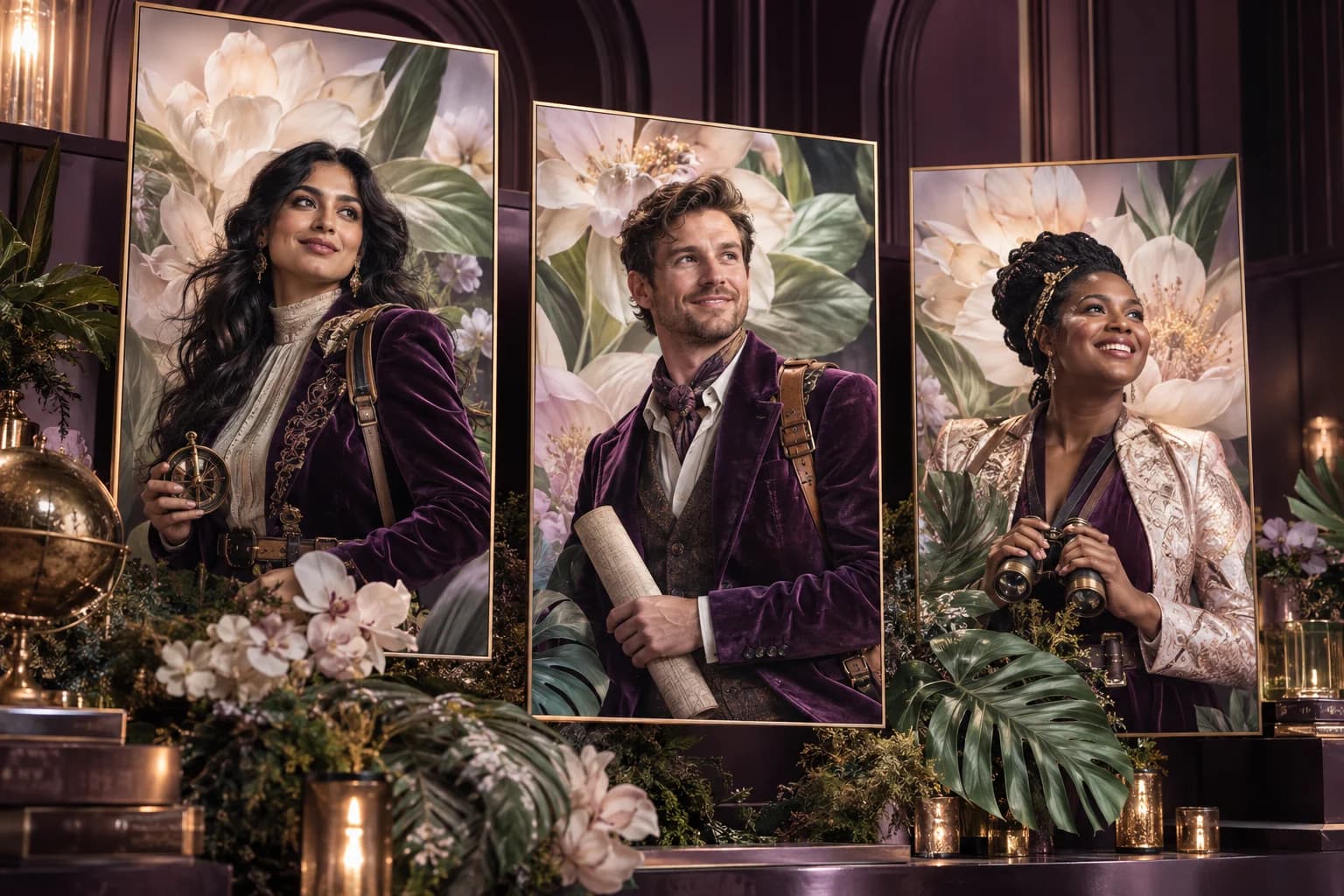 Illustrative individual colleague portraits united by a cinematic botanical celebration theme.