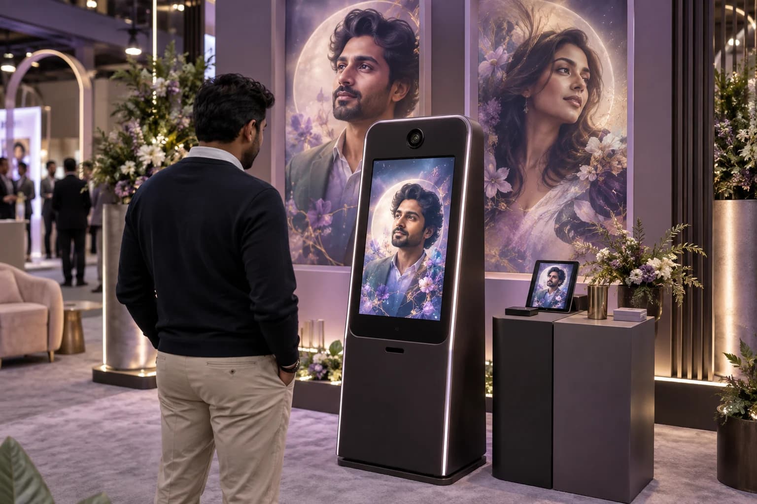 Concept illustration of a guest using an AI photo kiosk at an exhibition stand.