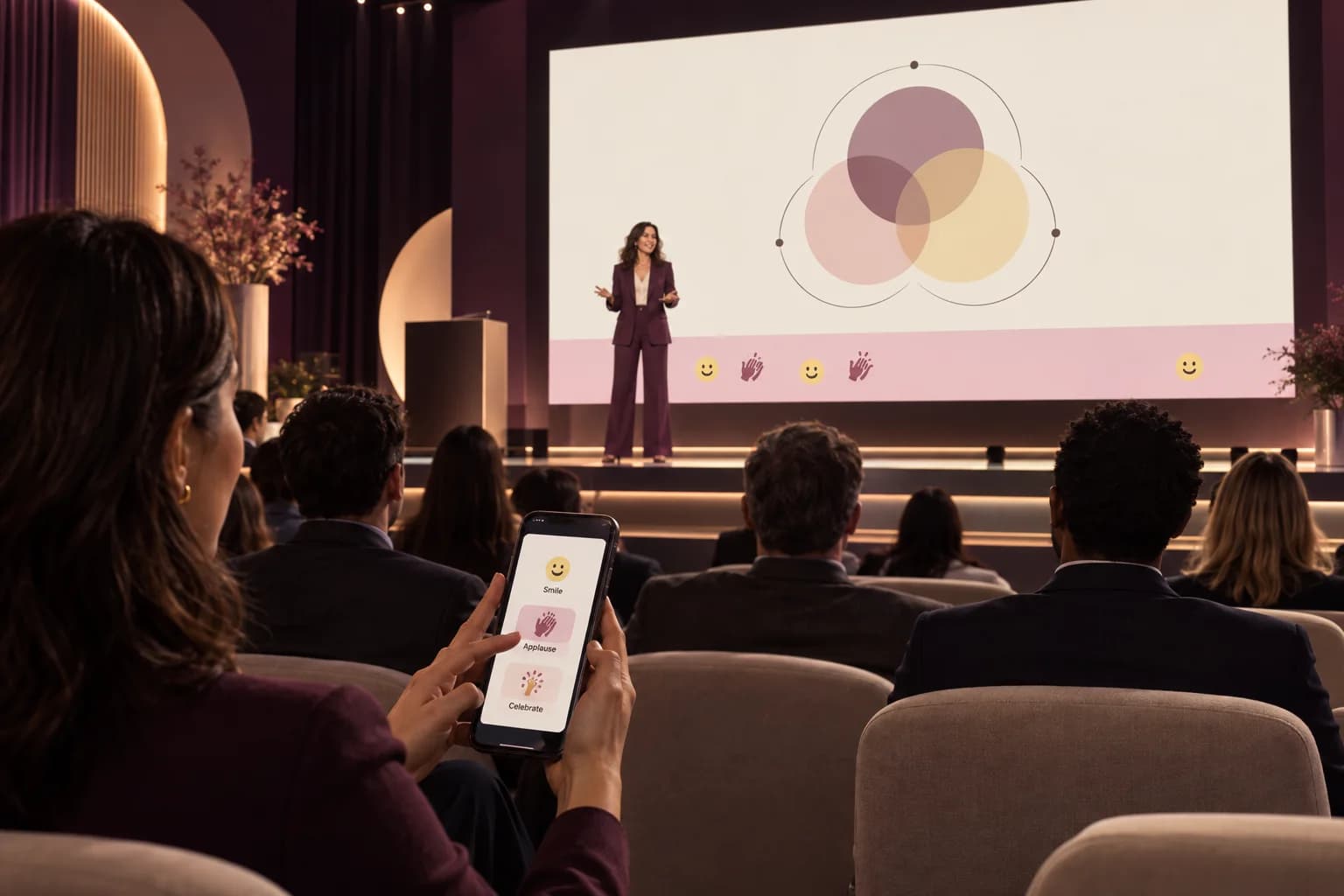 Concept illustration of attendees selecting reactions during a keynote, with a designated reaction area on the venue screen.