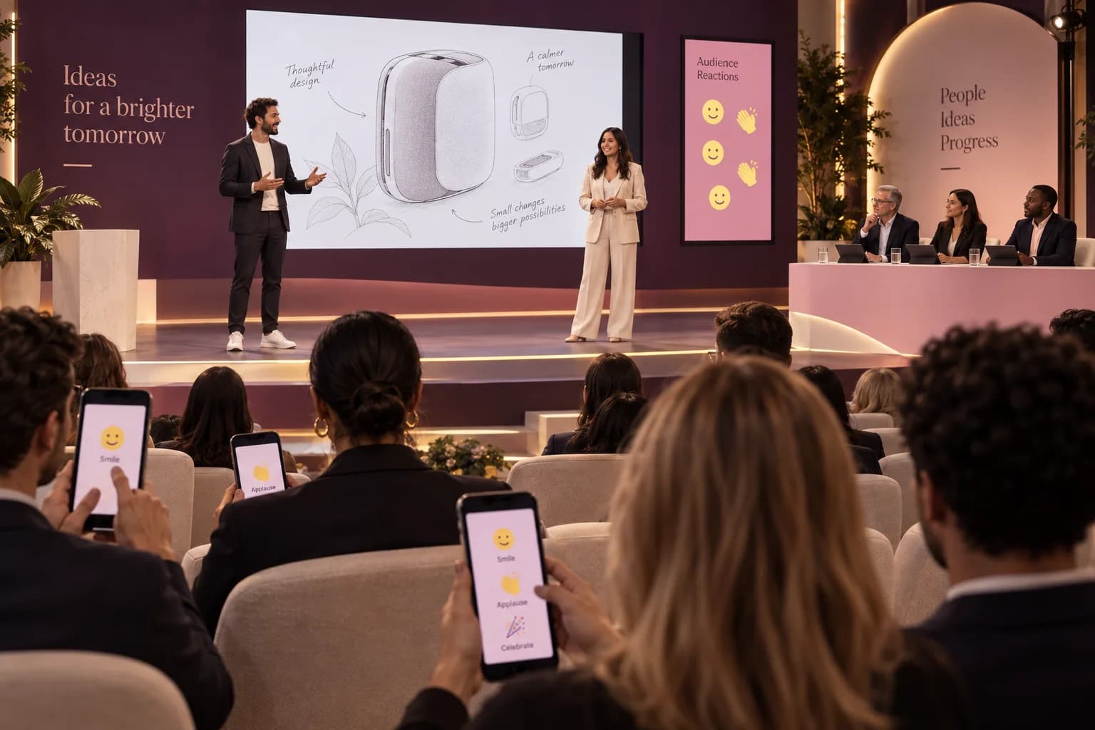 Concept illustration of audience encouragement during a pitch, with reactions separate from the judging panel’s evaluation.