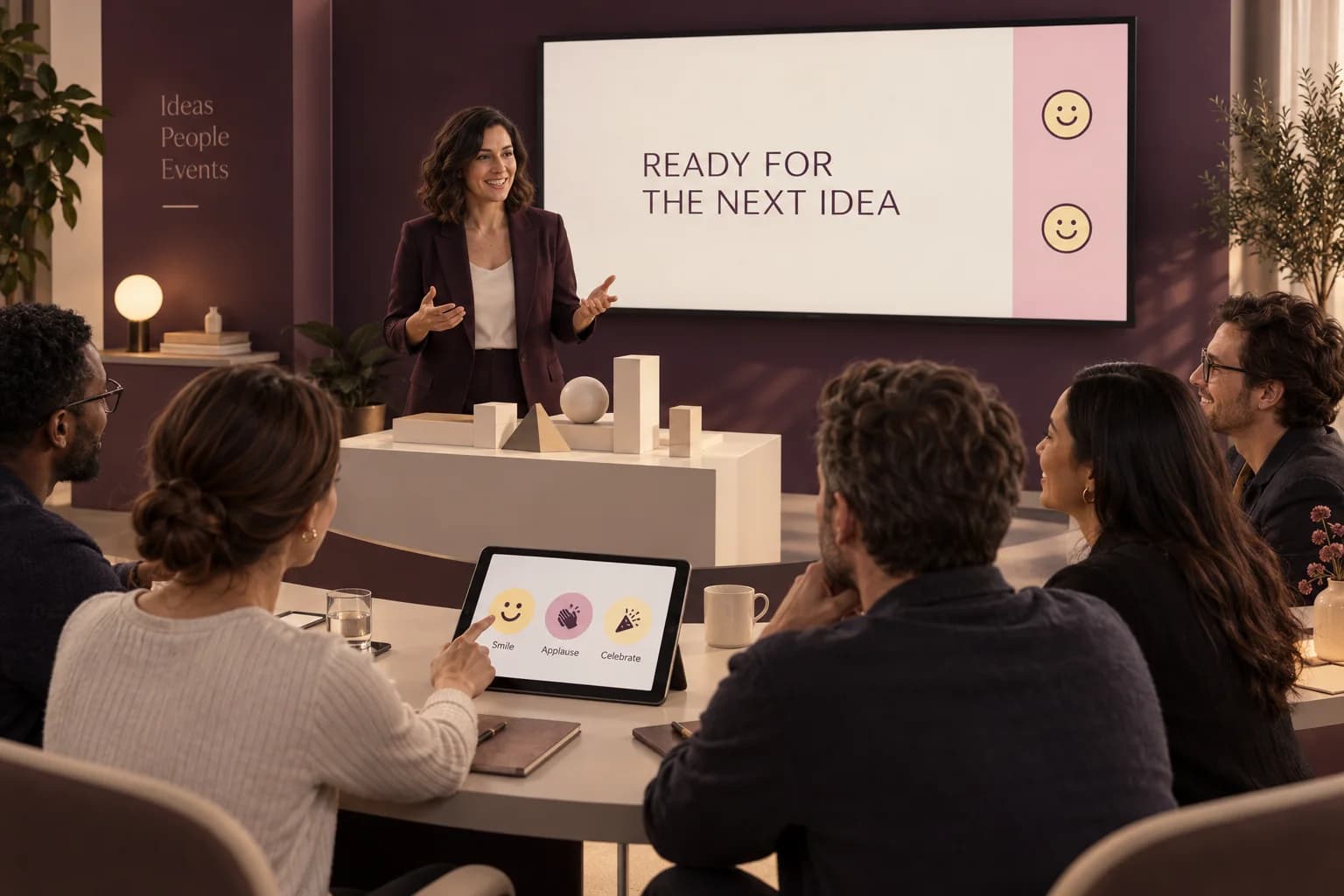 Concept illustration of workshop participants selecting a reaction on a shared tablet after a demonstration.