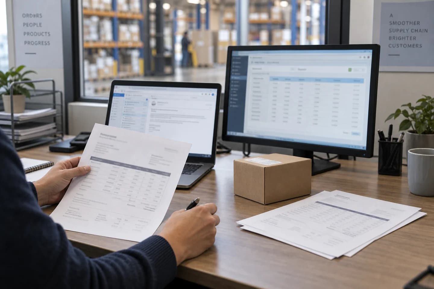 Illustrative distribution-office scene with an employee comparing a customer order, email, and business records