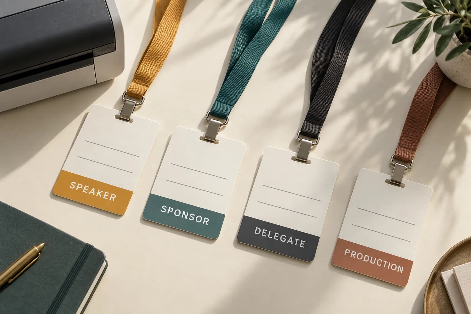 Illustrative speaker, sponsor, delegate and production badge layouts with different category colours.