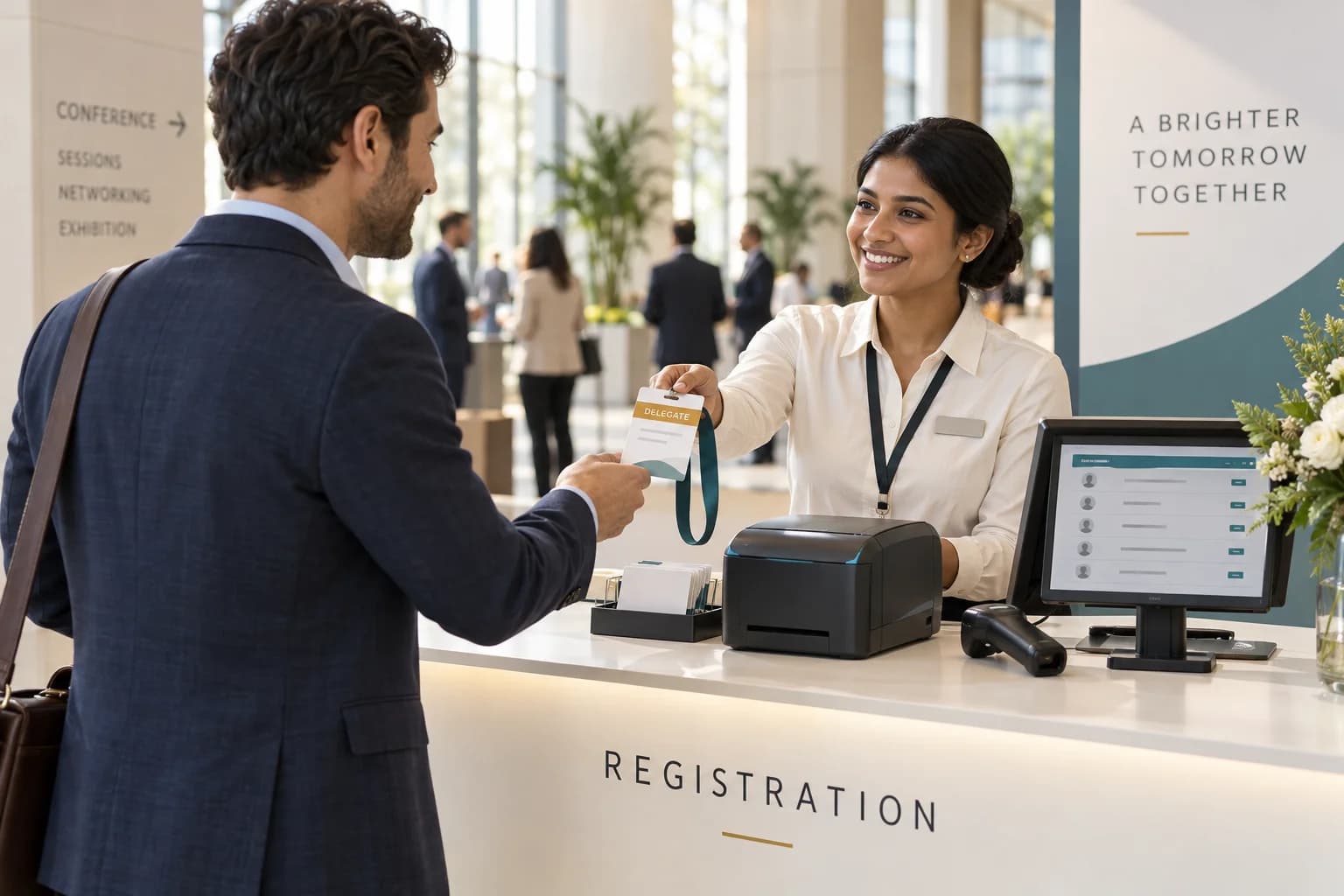 Illustrative conference registration desk with a staff member handing a badge to an attendee.