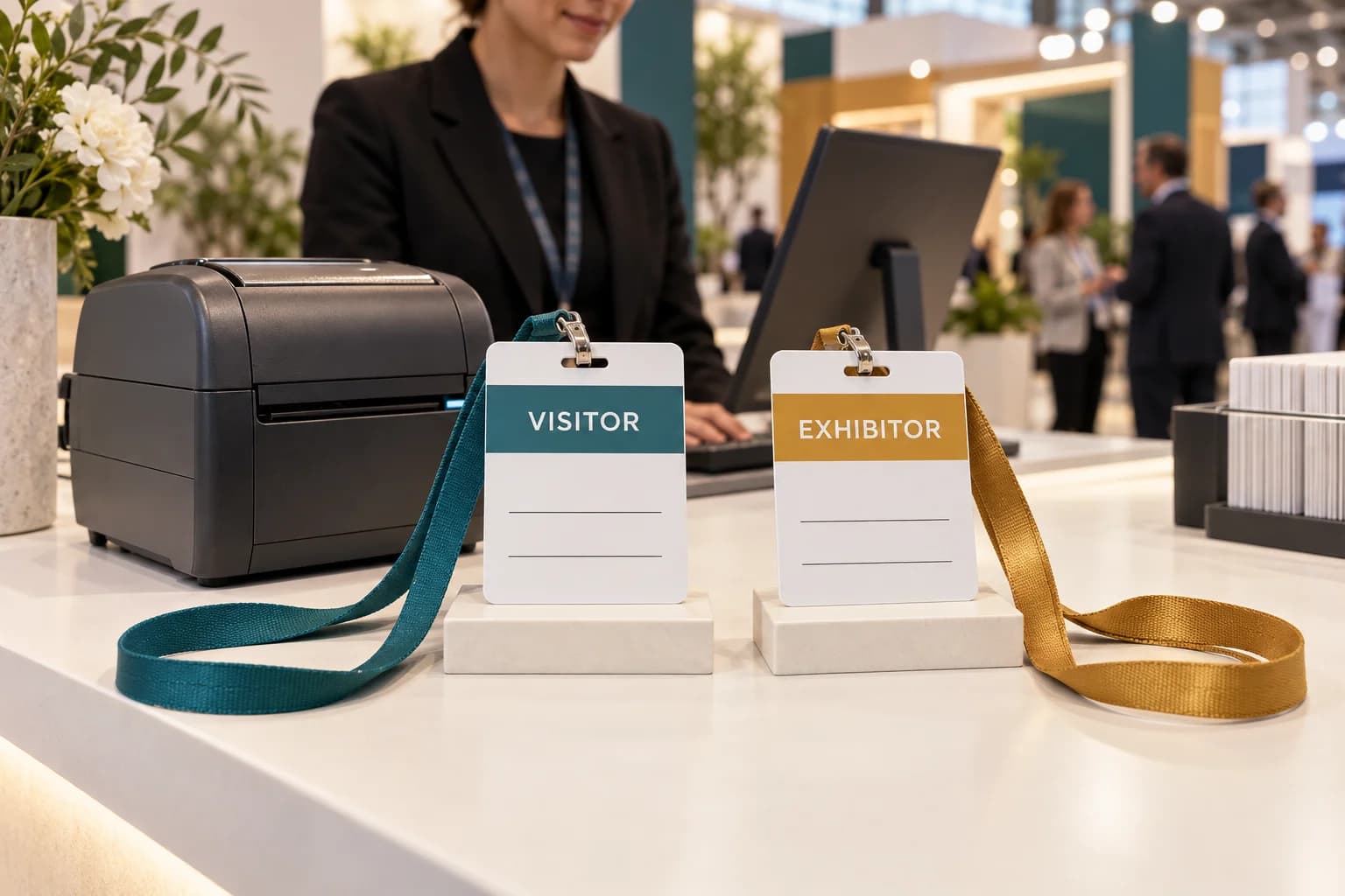 Illustrative visitor and exhibitor badge templates beside a desktop badge printer at an exhibition.
