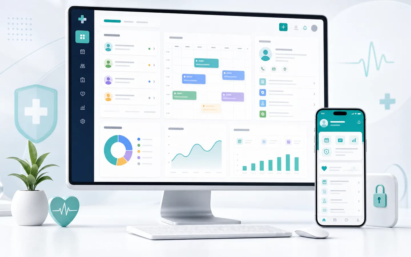 Healthcare software dashboard and mobile patient portal product interface