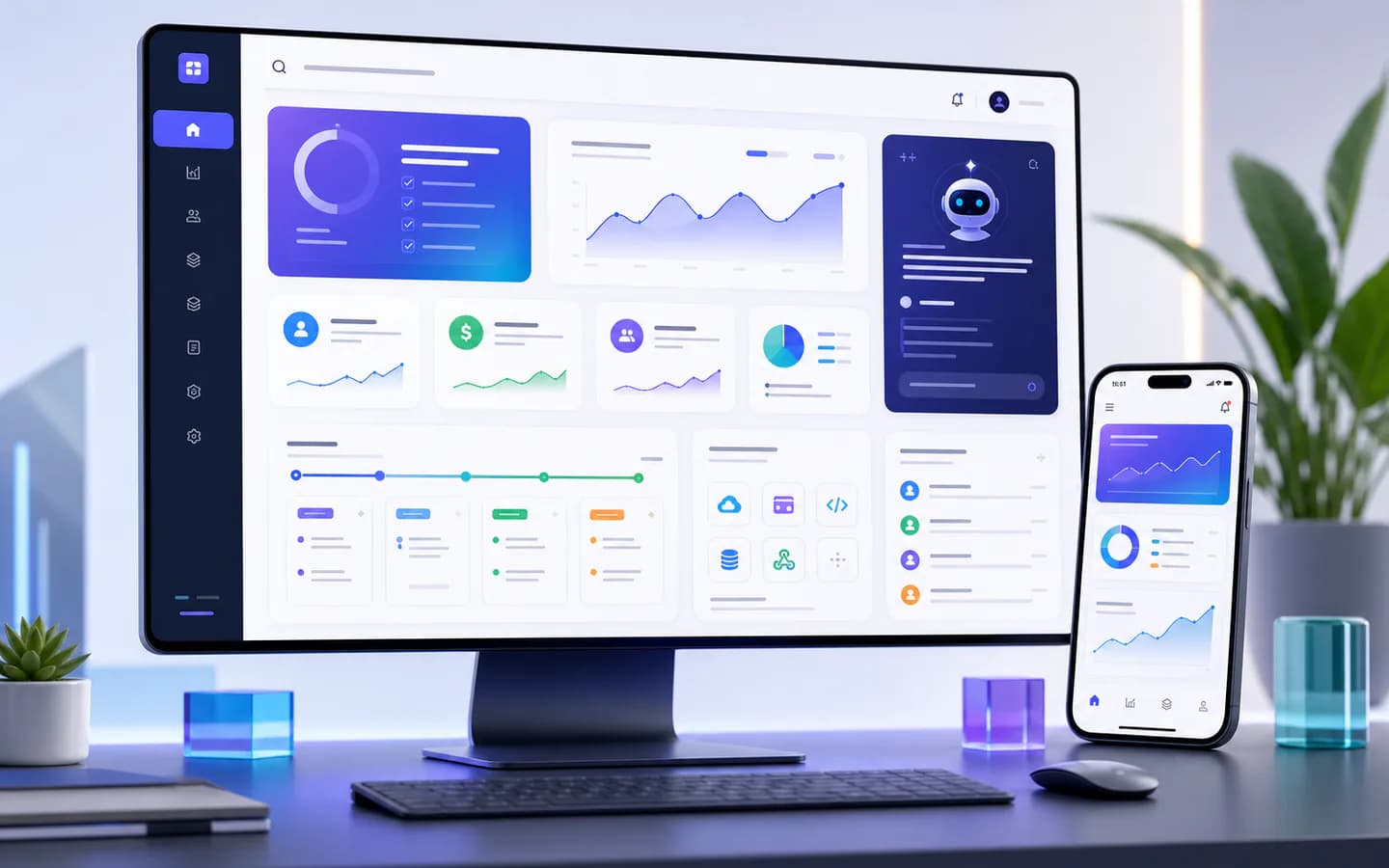 SaaS dashboard with analytics, billing, AI assistant, and product roadmap UI