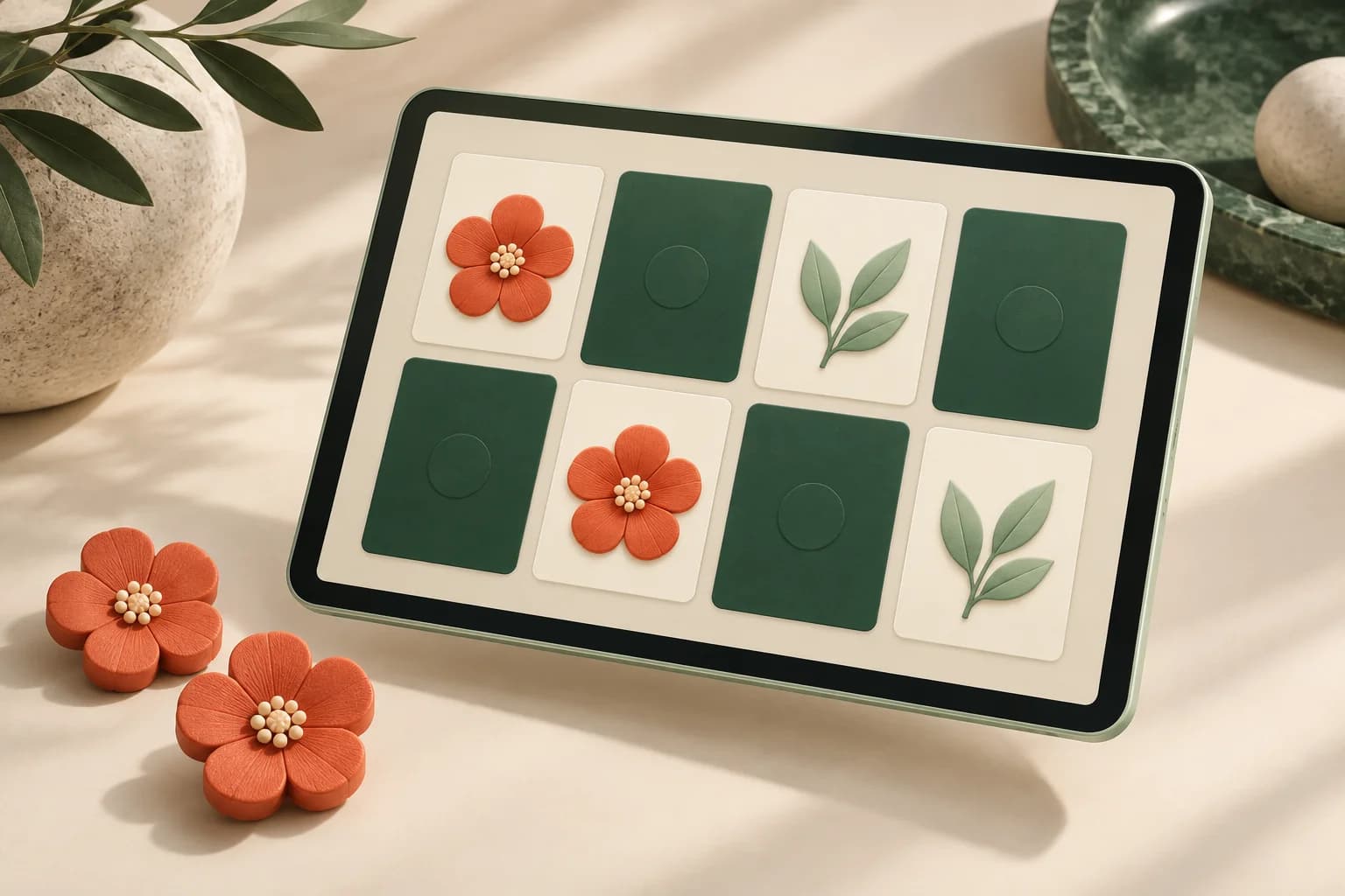 Concept illustration of a digital memory game with matching flower and leaf cards.