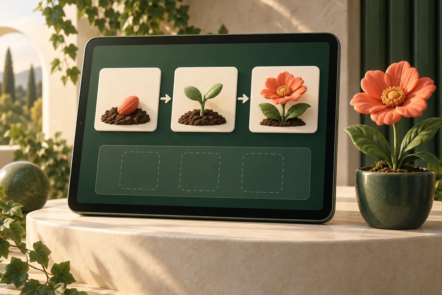 Concept illustration of a seed, sprout and flower arranged in a growth sequence on a touchscreen.