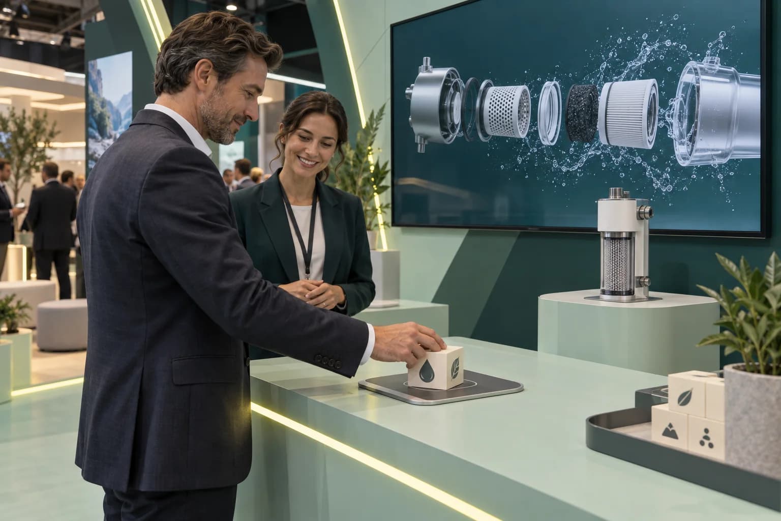 Concept illustration of an exhibition visitor selecting a product video using a physical cube on a nearby RFID reading pad.
