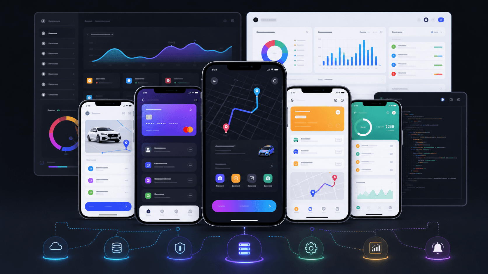 Mobile app screens for booking, logistics, payments, maps, notifications, and field service workflows