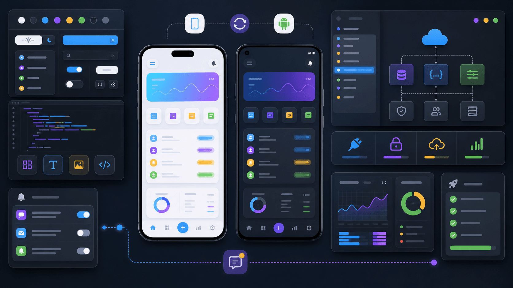 React Native app screens with shared UI components, light and dark themes, API modules, and mobile analytics