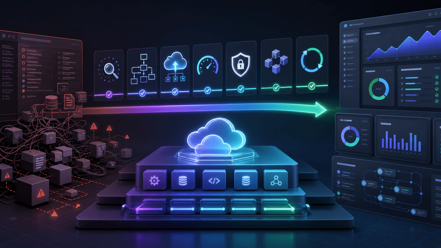 Modernized application dashboard with legacy cleanup, security, performance, cloud migration, and reporting panels